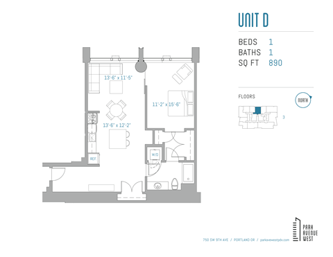 Floor plan for 1 bed, 1 bath, 890 sqft